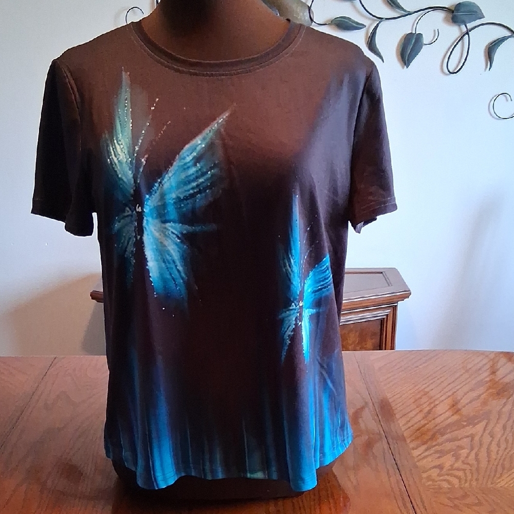 Women's Black Tee with Blue Butterfly Print. Super Soft